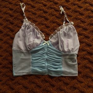 shein frill trim ruched detail colorblock sheer mesh crop cami top size s
